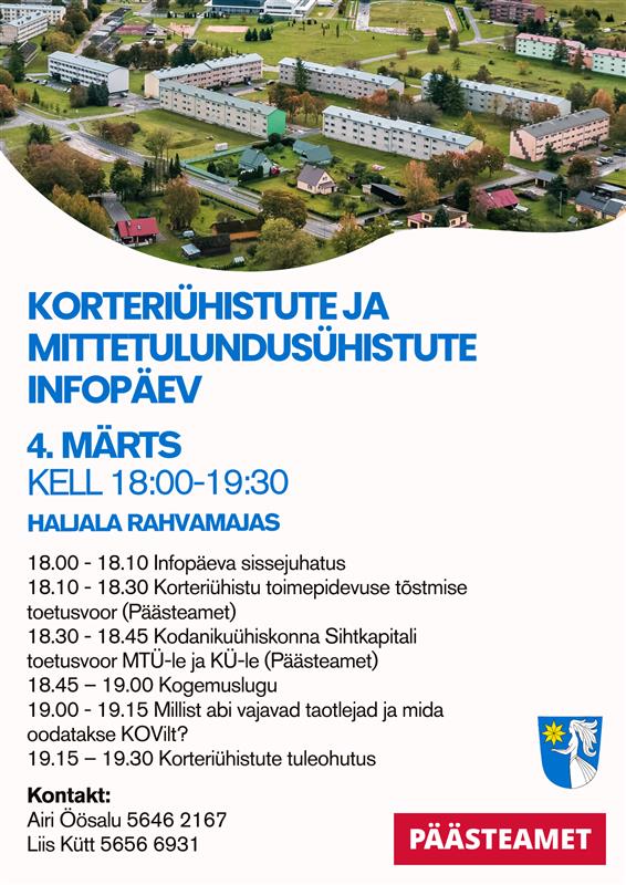 Korteriühistute ja mittetulundusühistute infopäev 4. märts 2026 kell 18.00-19.30 Haljala rahvamaja